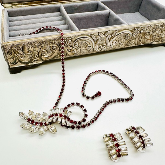 Vintage Deco Ruby Red Rhinestone Necklace Set - Picture 13 of 17